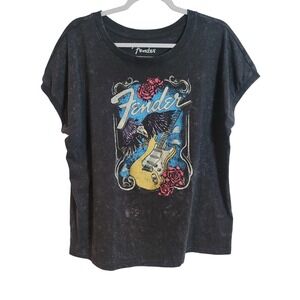 Fender Graphic T-Shirt Womens XL Gray Mineral Wash Guitar Eagle Rose Grunge Rock